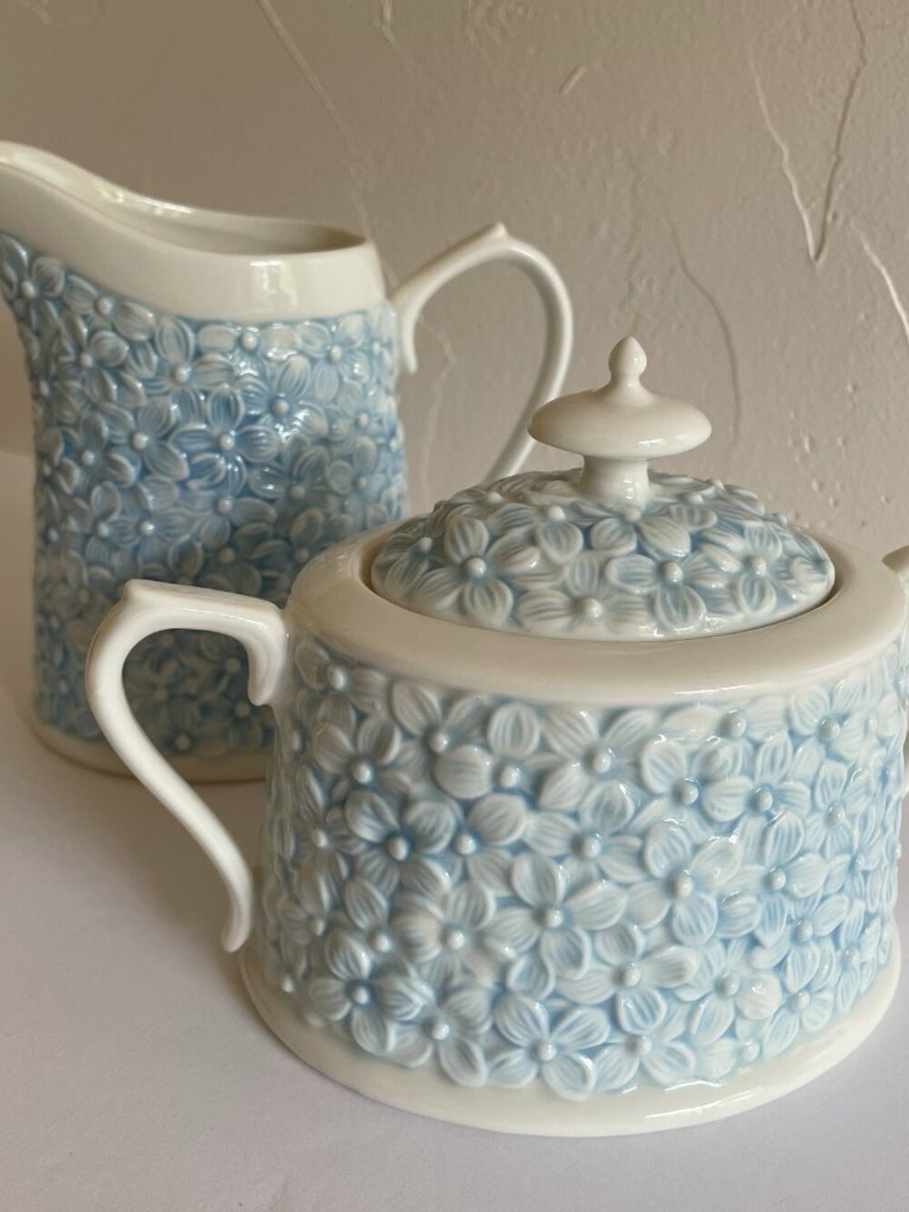 Grace Teaware Light Blue 3D Flowers Cream And Sugar Bowl Set Cottage Granny
